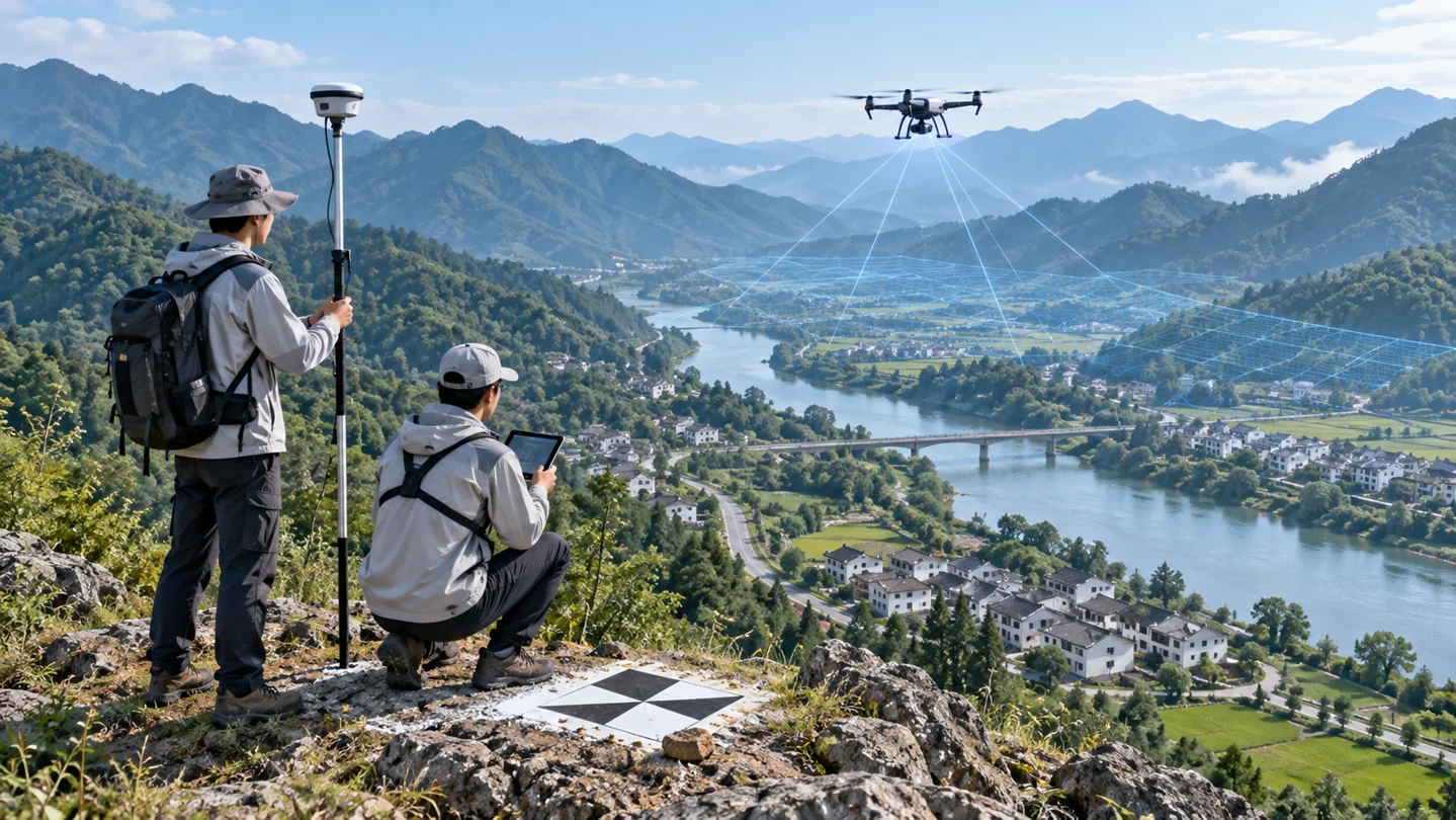 无人机与 GNSS 测量人员在河道乡村测区开展航测采集