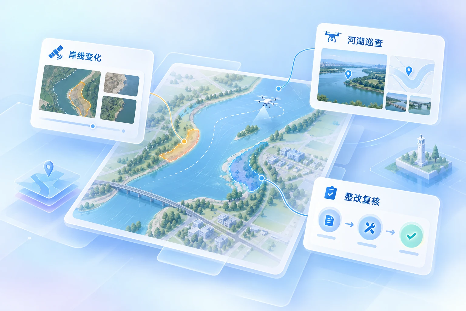 智慧河湖监管:河湖巡查、岸线监管、整改销号业务示意