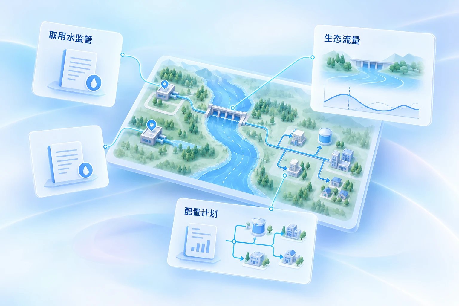 水资源调配与管理:取用水监管、生态流量、配置评估业务示意